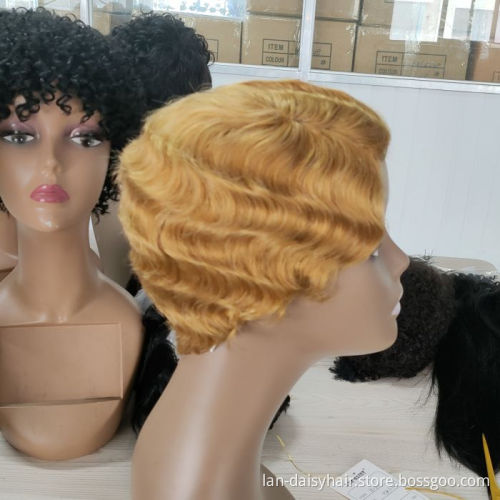 Cheap Factory Price Finger Wave Pixie Short Cut Blonde Color 27# Wig 100% Human Hair None Lace Wig For Women